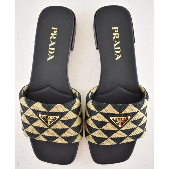 Prada Jacquard Triangle Logo Black Beige Tan Leather Slide Sandal Flat Mule 37.5 - Picture 13 of 16